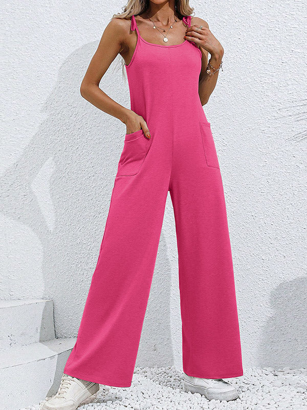 Combinaison nouée taille haute, sans manches, à poches, à fines bretelles, couleur unie