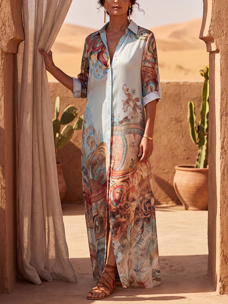 Robe chemise ample boutonnée imprimée à col revers, couleur contrastée