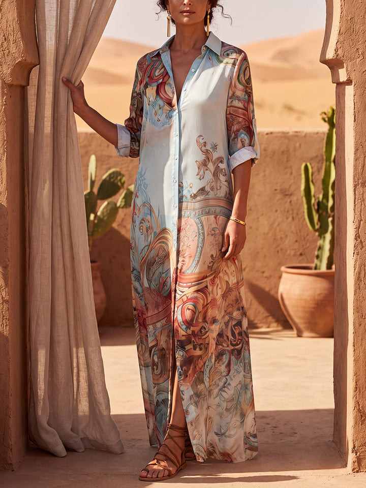 Robe chemise ample boutonnée imprimée à col revers, couleur contrastée