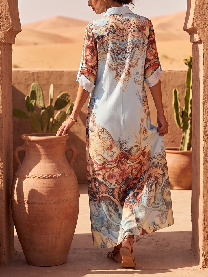 Robe chemise ample boutonnée imprimée à col revers, couleur contrastée