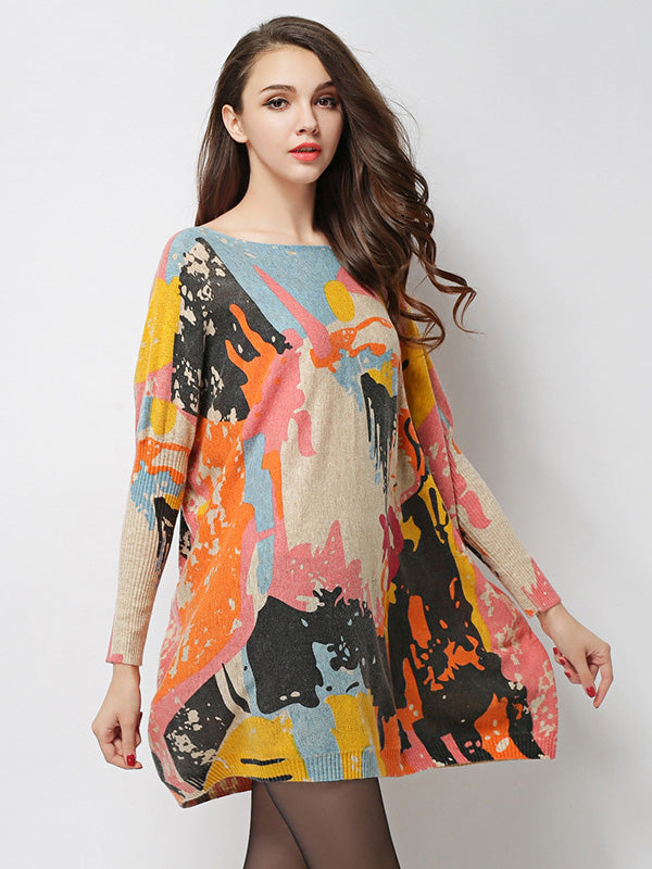 Pull vintage imprimé en laine mélangée de couleur contrastée