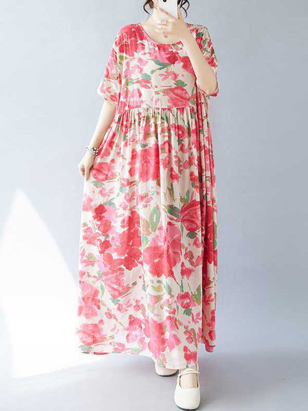Robe mi-longue plissée coupe trapèze, à manches chauve-souris, à imprimé floral, à empiècements, à col rond