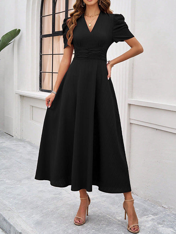 Robe longue plissée coupe trapèze, taille haute, à fermeture éclair, à col en V, couleur unie