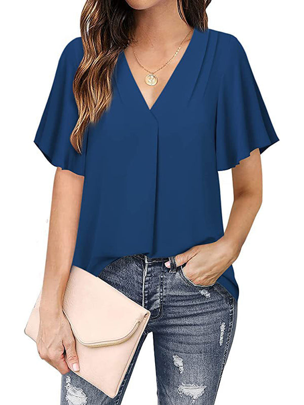 T-shirt en mousseline de soie de couleur unie urbaine ample Volants