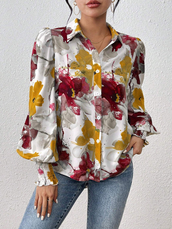 Chemisier ample boutonné plissé à manches longues, à taille élastique, à imprimé floral, à col revers