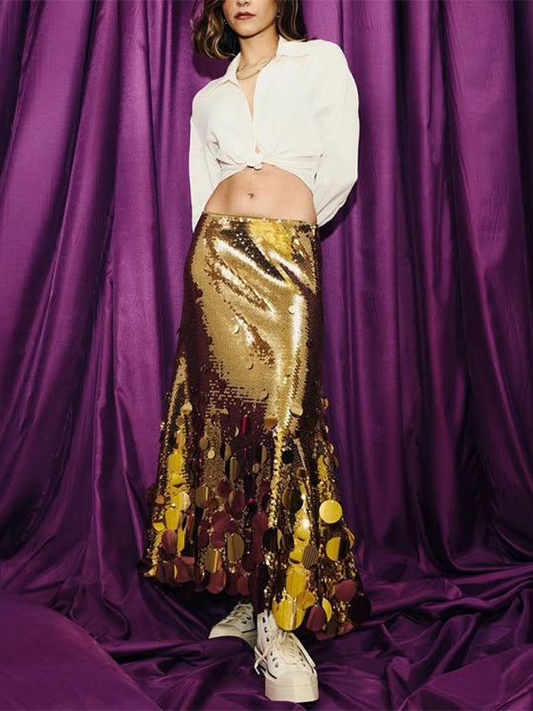 Jupe brillante coupe trapèze, taille haute, à sequins