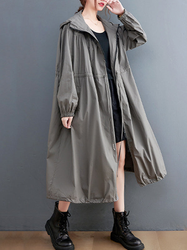 Trench-Coat décontracté à capuche, couleur unie, ample, fermeture éclair, cordon de serrage, manches longues
