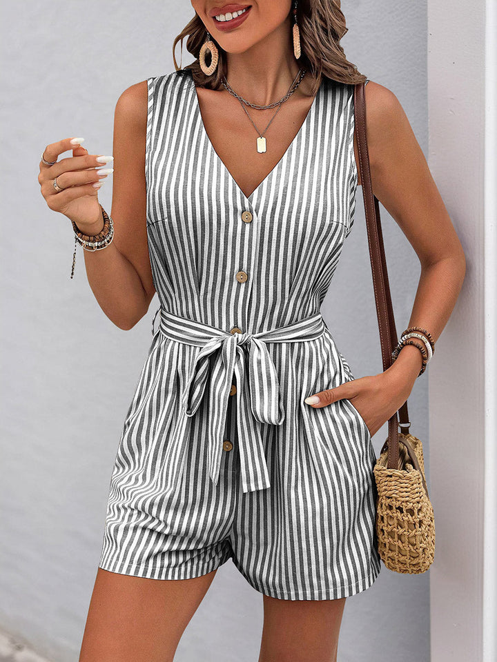 Combishort boutonné rayé à taille élastique, taille haute, à poches, à taille nouée, à col en V