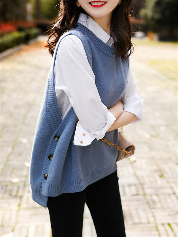 Gilet sans manches décontracté ample à col rond, en tricot, couleur unie