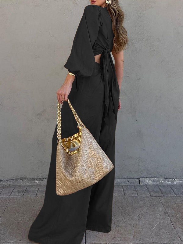 Ensemble deux pièces ample asymétrique plissé à manches longues, à taille élastique, à nœud, asymétrique à une épaule, couleur unie – chemise + haut + pantalon