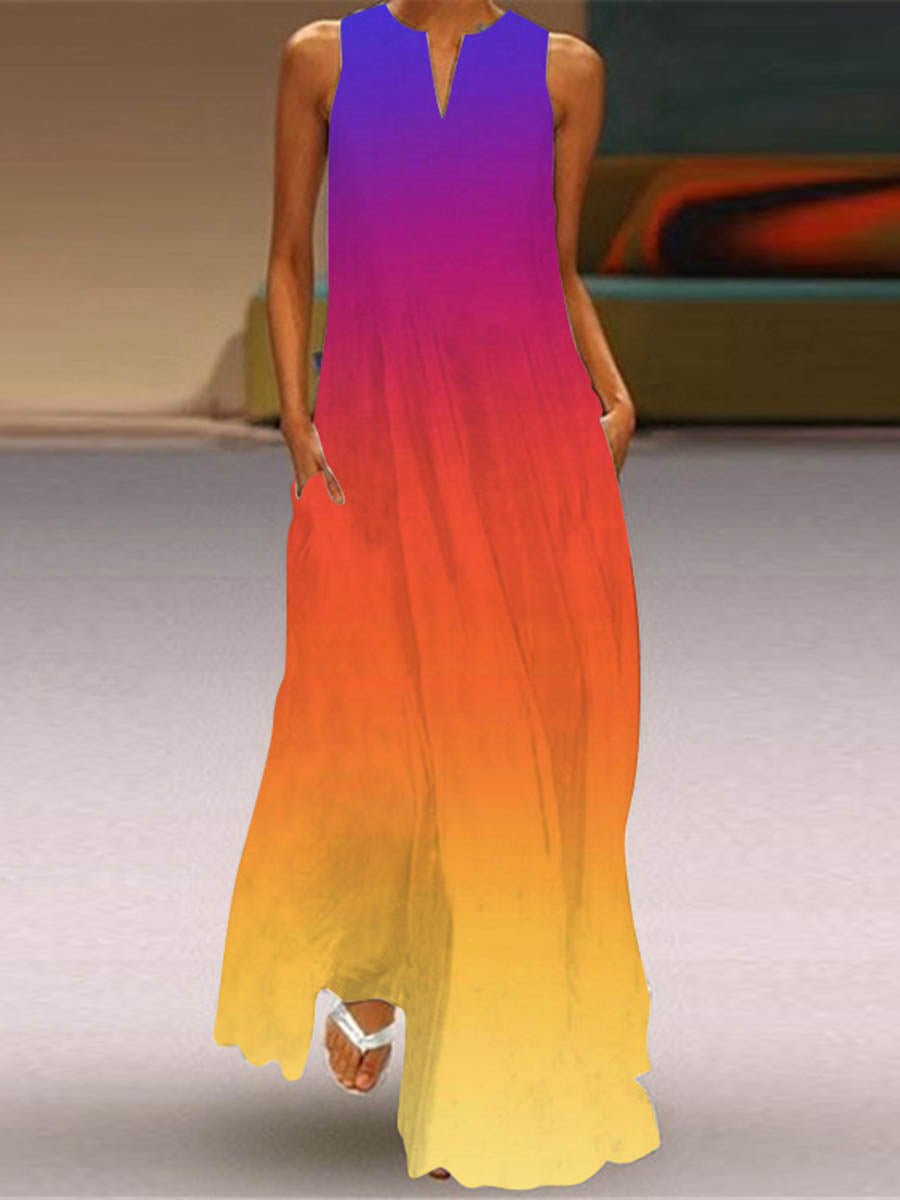Robe longue ample imprimée coupe trapèze, à poches, à empiècements, à col en V, couleur contrastée