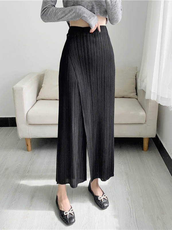 Pantalon plissé décontracté coupe droite, à coupe irrégulière, couleur unie