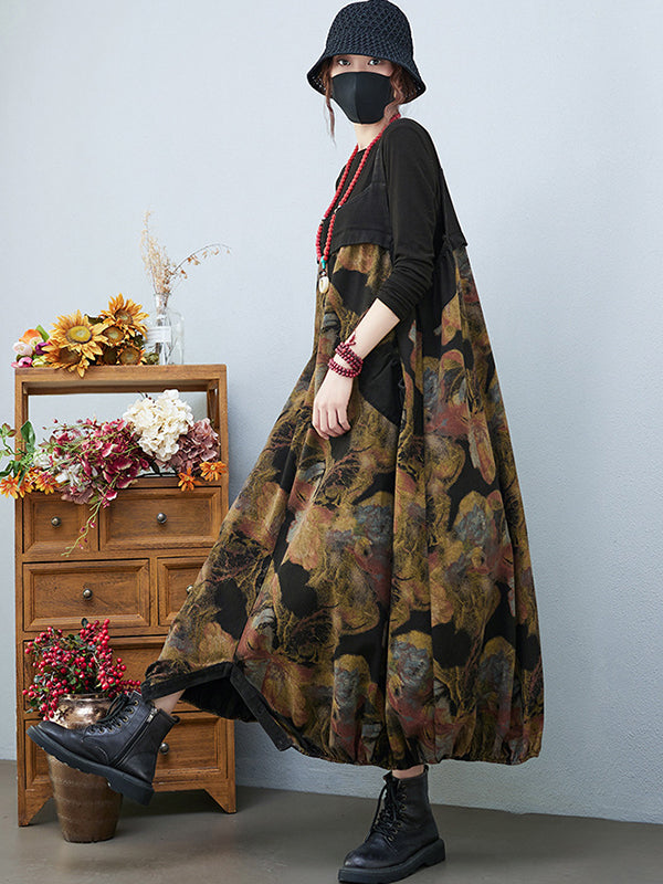 Salopette artistique ample rétro, vintage, à imprimé floral, à col carré, sans manches
