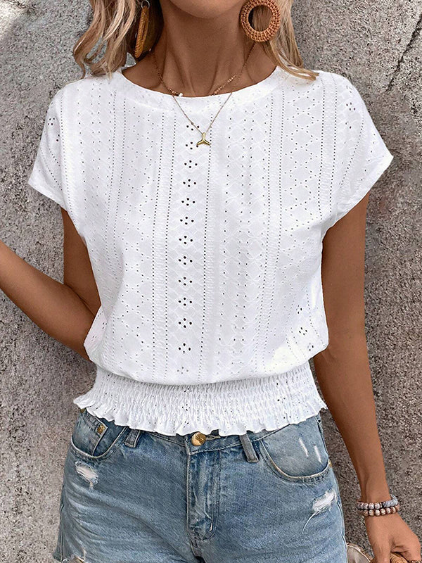 T-shirt ample ajouré à manches courtes, à taille élastique, en jacquard, à col rond, couleur unie