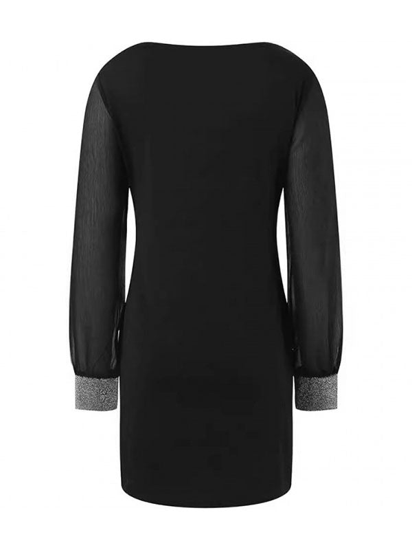 Robe courte ample transparente à manches longues, à taille élastique, à empiècements, à col en V