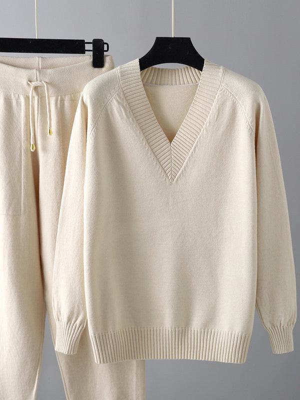 Ensemble deux pièces décontracté ample à col en V, couleur unie – sarouel + pull + pantalon