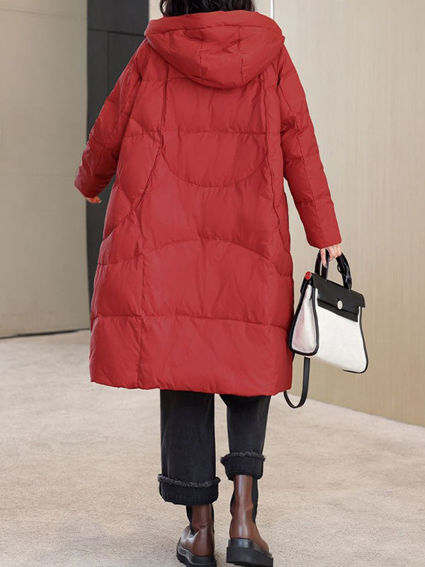 Manteau en duvet à capuche à manches longues et poches amples de couleur unie