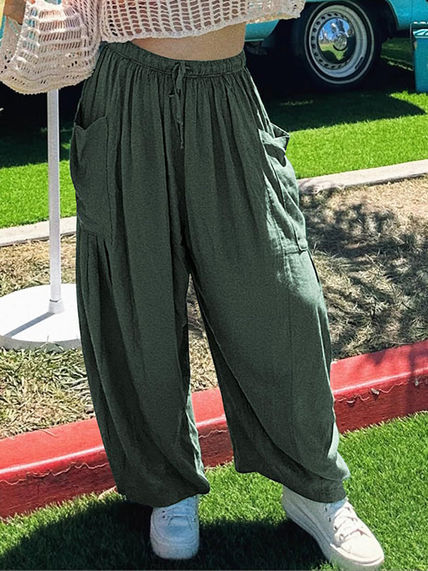 Pantalon ample plissé taille haute, à cordon de serrage, à taille élastique, à poches, couleur unie