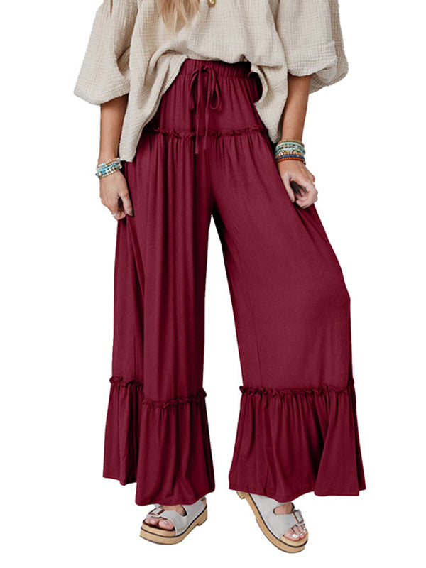 Pantalon ample plissé taille haute, couleur unie