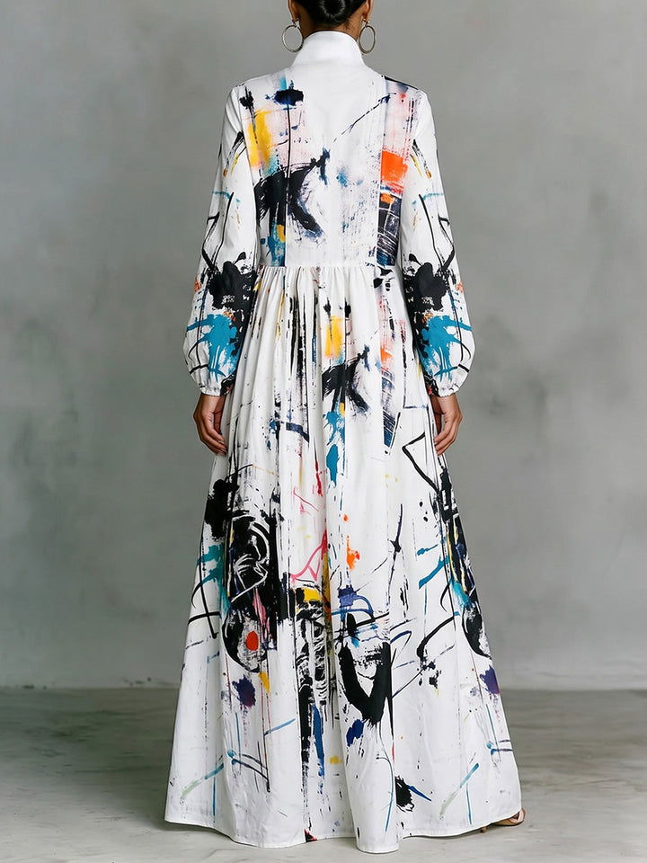 Robe chemise longue imprimée plissée boutonnée ample à empiècements, à poches, à manches longues, à col montant