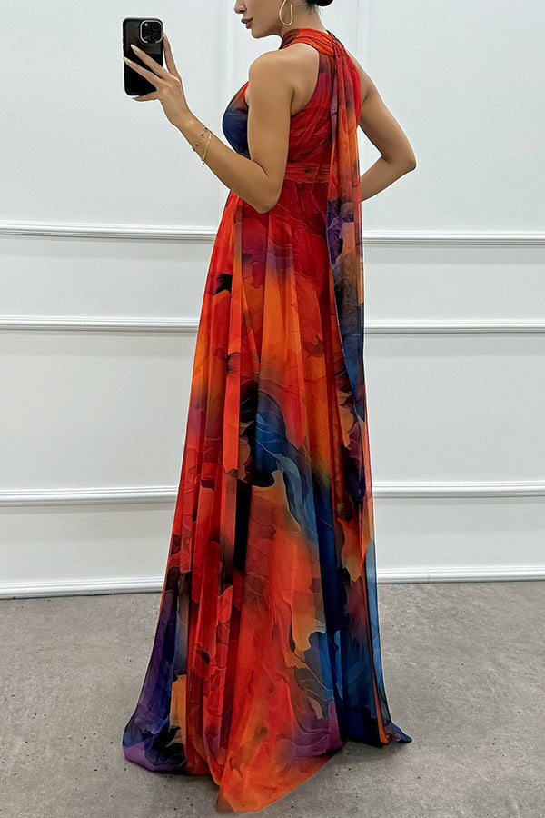 Elaine - Robe maxi en tulle avec imprimé floral, découpes et col halter
