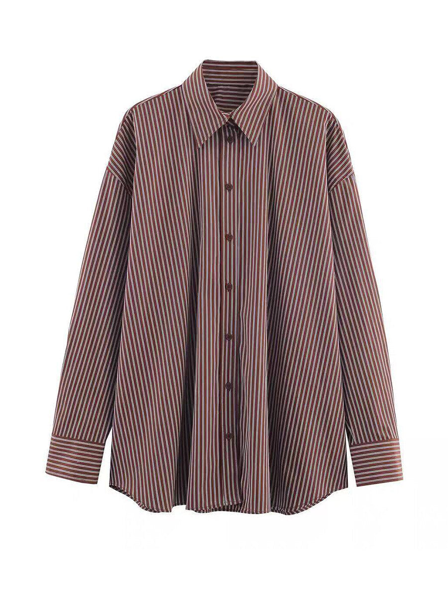 Chemisier rayé boutonné ample à manches longues, à col revers, couleur contrastée
