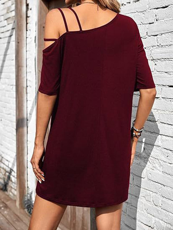Robe courte ample asymétrique à manches courtes, asymétrique à une épaule, couleur unie
