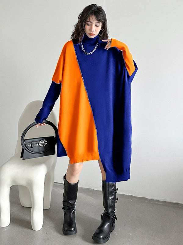 Robe pull mi-longue asymétrique à manches chauve-souris et col haut, couleur contrastée