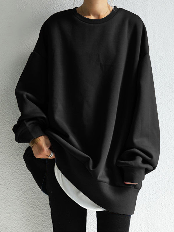 Sweat-shirt décontracté ample à col rond, couleur unie