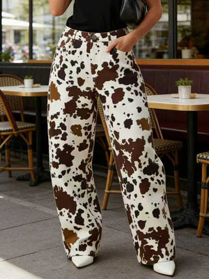 Pantalon à empiècements imprimé vache, taille haute, couleur contrastée, taille élastiquée