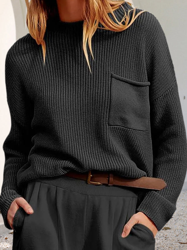 Pull en maille ample à manches longues, à poches, à col rond, couleur unie