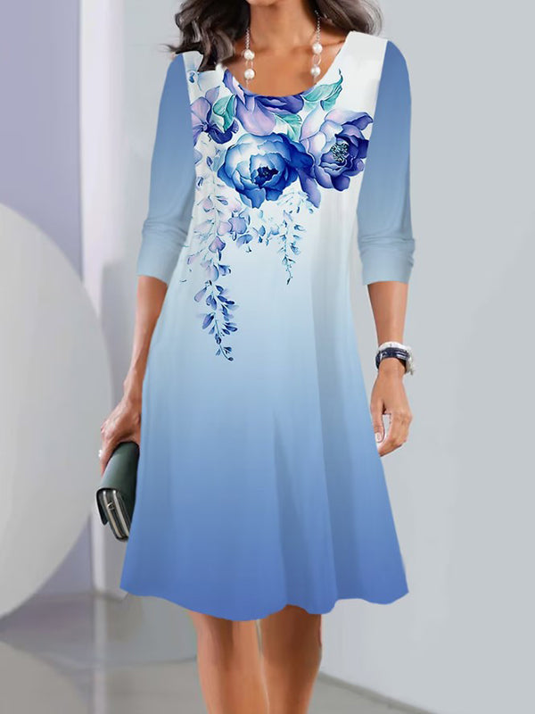 Robe mi-longue multicolore imprimée à manches longues, à imprimé floral, à col rond