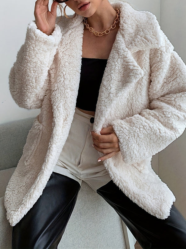 Veste ample boutonnée à manches longues, à poches, en velours, à col cranté, couleur unie