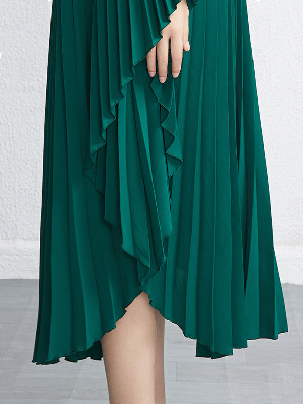 Robe longue ample plissée à manches chauve-souris, couleur unie