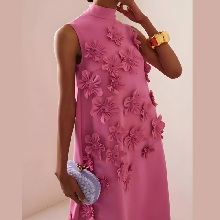 Robe de soirée rose avec détails floraux – Robe maxi élégante longue