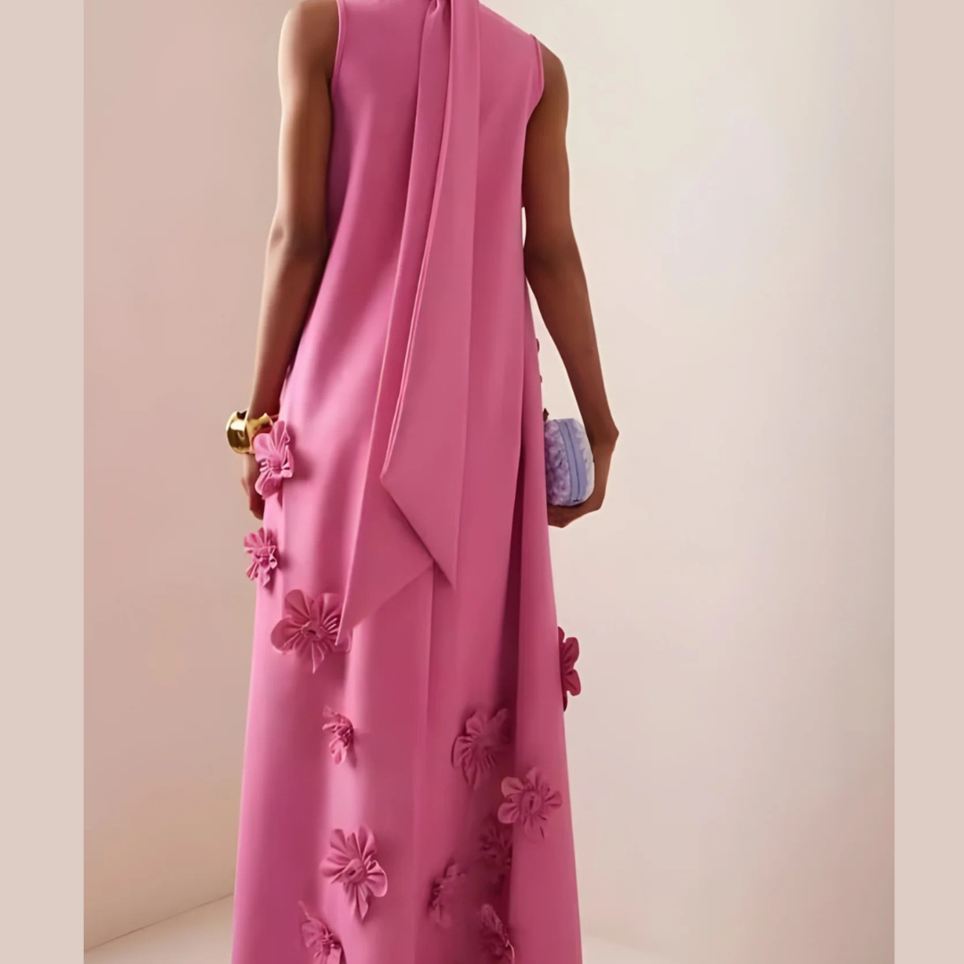 Robe de soirée rose avec détails floraux – Robe maxi élégante longue