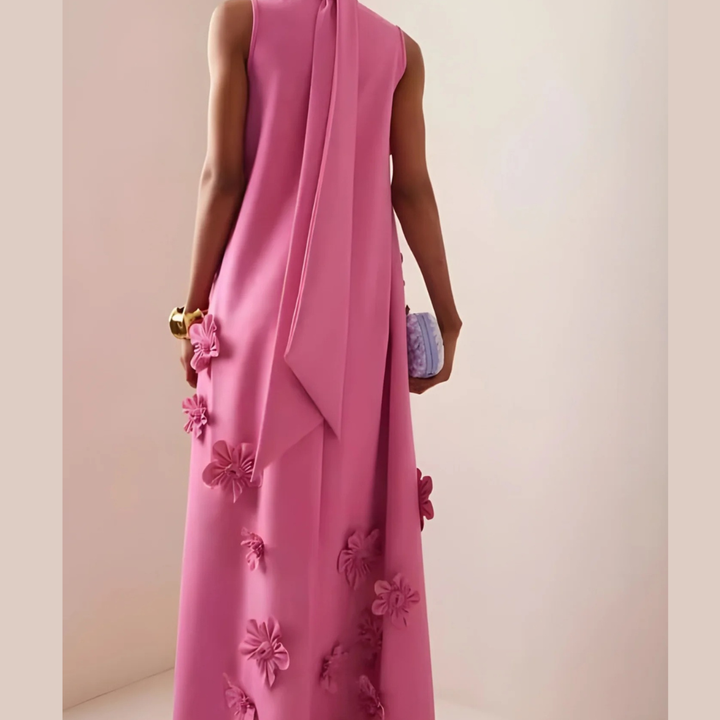 Robe de soirée rose avec détails floraux – Robe maxi élégante longue
