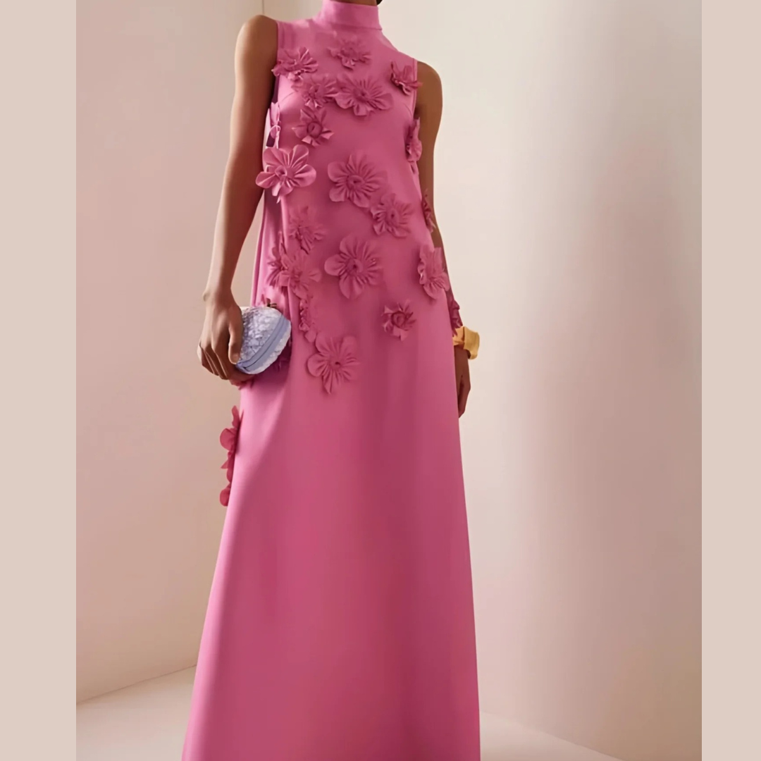Robe de soirée rose avec détails floraux – Robe maxi élégante longue