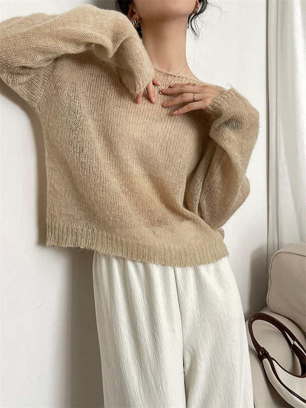 Pull fin tricoté en Mohair doux, manches longues, couleur unie, hauts fins