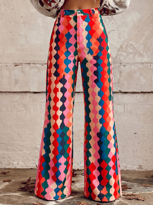 Pantalon boutonné imprimé taille haute, grande taille, à poches