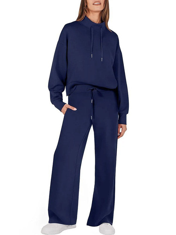 Ensemble deux pièces taille haute, manches longues, cordon de serrage, sweat-shirt fendu + pantalon/pantalon