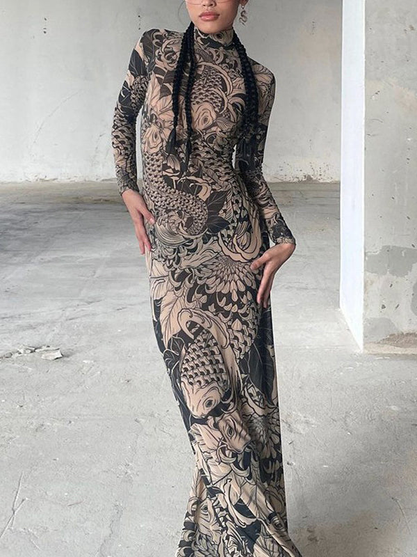 Robe de soirée longue imprimée transparente à manches longues, coupe près du corps, à empiècements, à col haut