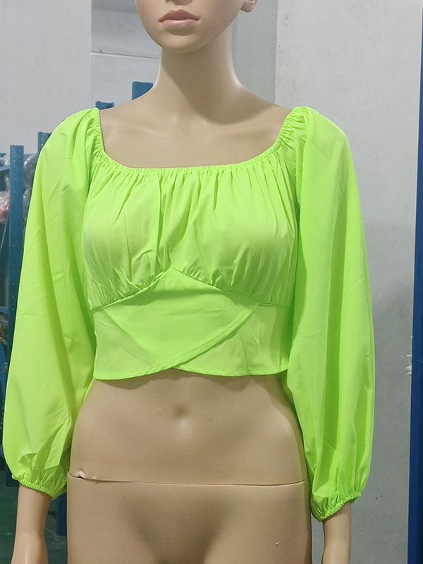 Chemisier ample plissé à manches longues, à taille élastique, à épaules dénudées, couleur unie