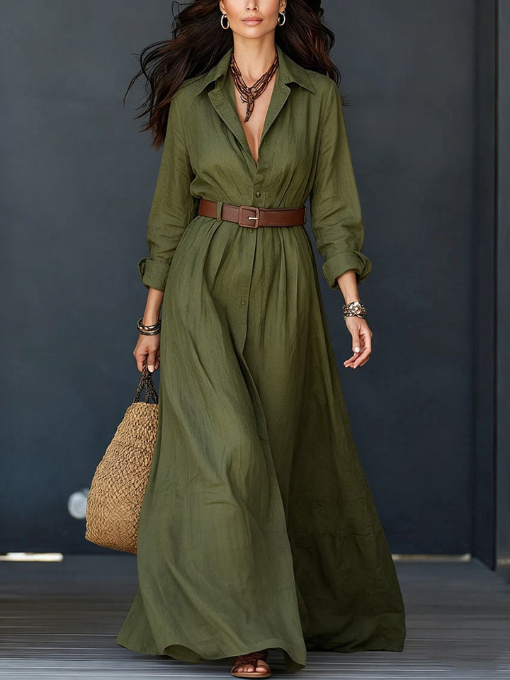 Robe chemise longue boutonnée ample à ourlet ample, à boucle de ceinture, grande taille, à col revers, couleur unie