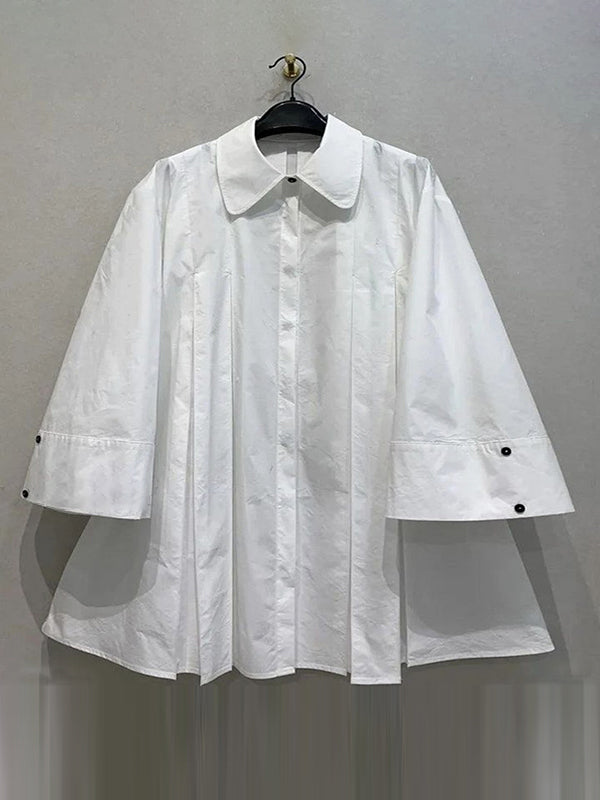 Robe chemise boutonnée plissée à manches longues, à col revers, couleur unie