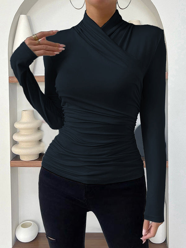 T-shirt plissé à manches longues, coupe près du corps, à col cheminée, couleur unie