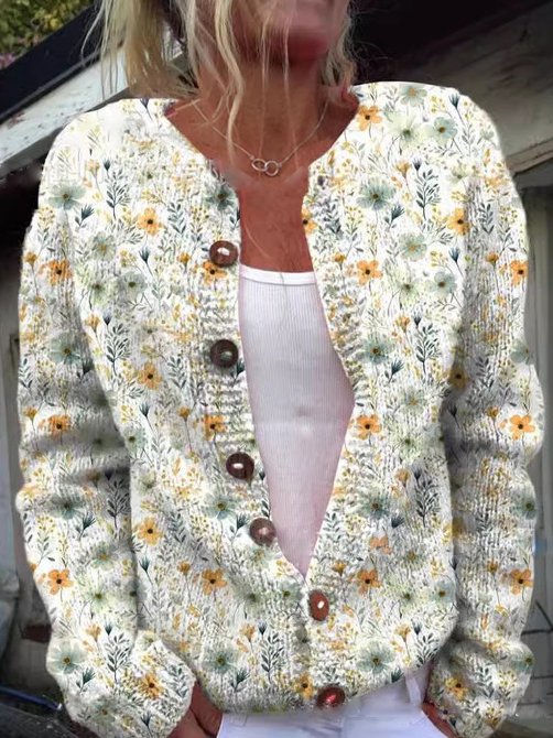 Cardigan Femme Motif Floral Élégant | Col Rond Boutonnage