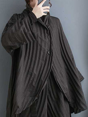 Ensemble deux pièces ample boutonné plissé à manches longues, à col montant, couleur unie – chemise + haut + pantalon