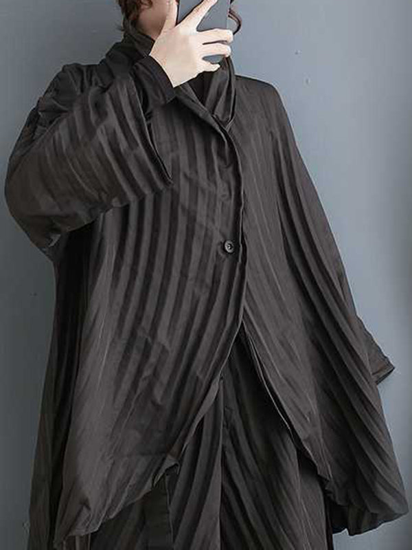 Ensemble deux pièces ample boutonné plissé à manches longues, à col montant, couleur unie – chemise + haut + pantalon