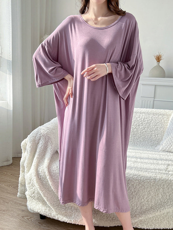 Robe de pyjama ample à taille haute, couleur unie, fendue, col rond